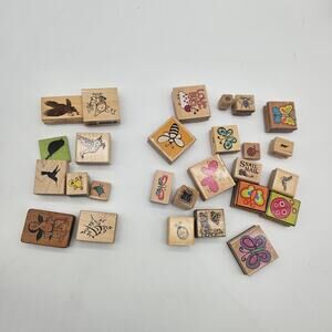 Vintage Wood Rubber Stamp Lot Butterflies Birds Ladybugs Bees Flowers Snail Mail